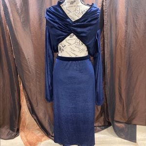 Blue velvet top and long skirt